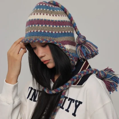 Stylish Knitted Trapper Hat with Striped Pattern - Image 9